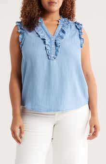 Wit & Wisdom Ruffle Trim Sleeveless Chambray Top
