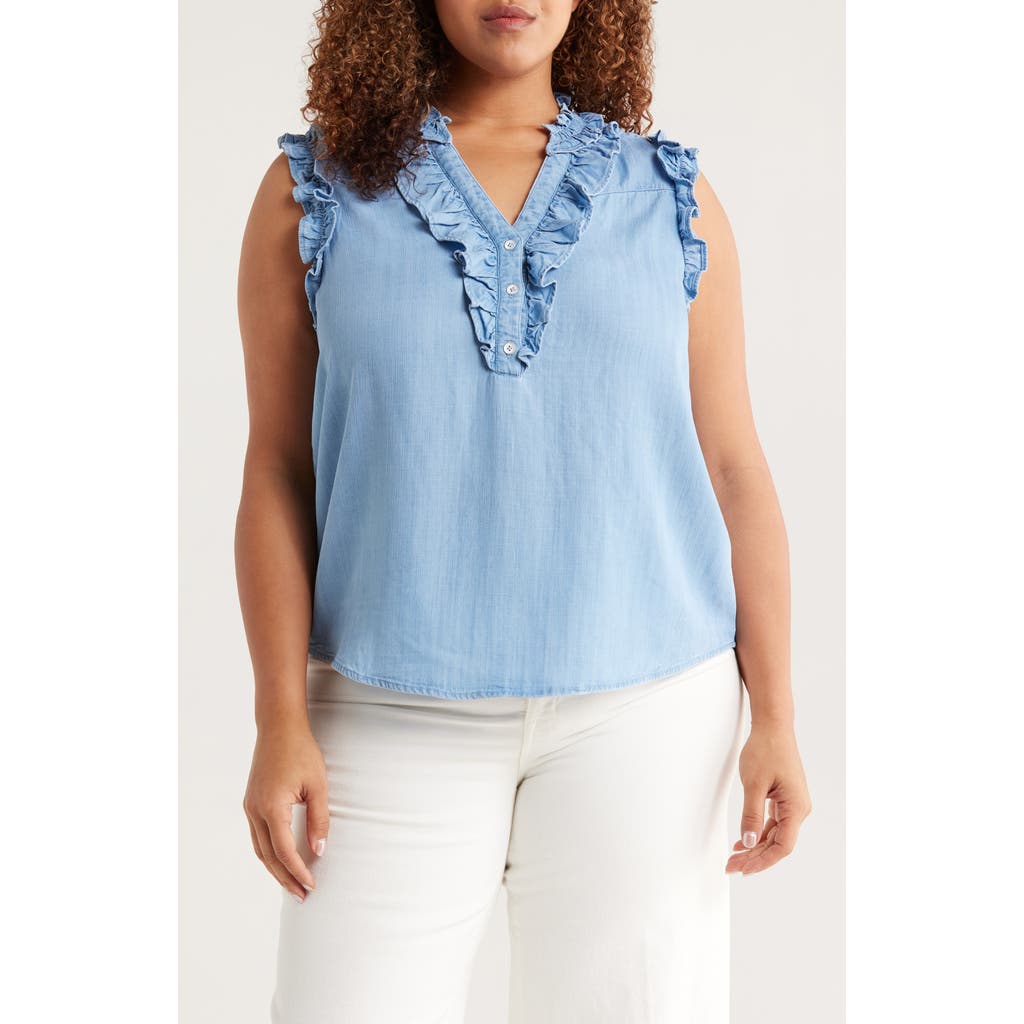 Wit & Wisdom Ruffle Trim Sleeveless Chambray Top In Blue