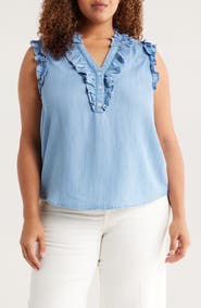 Wit & Wisdom Ruffle Trim Sleeveless Chambray Top