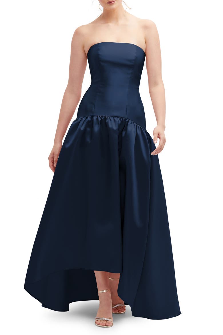 Strapless High-Low Satin Gown, Main, color, MIDNIGHT