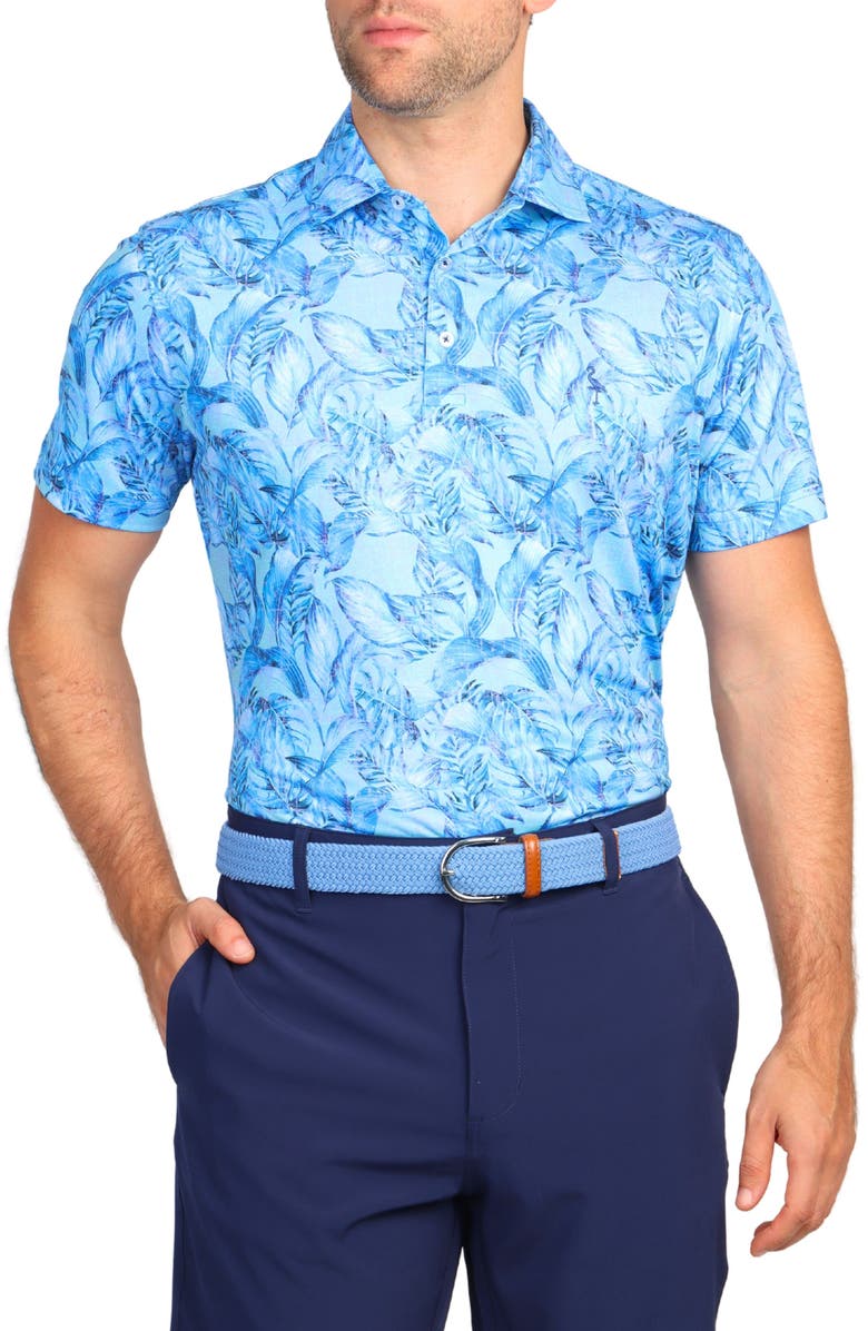 TailorByrd Tropical Leaf Print Performance Polo, Alternate, color, Blue