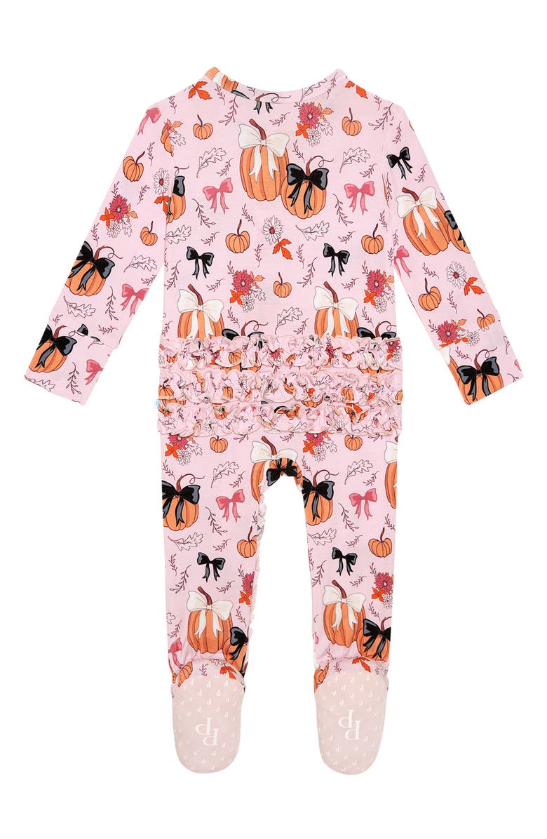 Posh Peanut Pumpkin Print Ruffle Zip Footie, Alternate, color, 