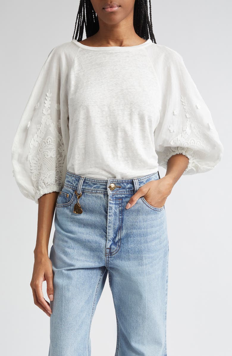 Zimmermann Lace Appliqué Lantern Sleeve Linen T-Shirt, Main, color, Ivory