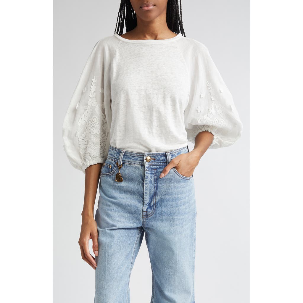 Zimmermann Lace Appliqué Lantern Sleeve Linen T-shirt In White