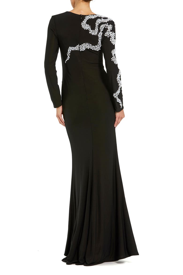 Petite Jersey Long Sleeve Beaded Column Gown, Alternate, color, Black