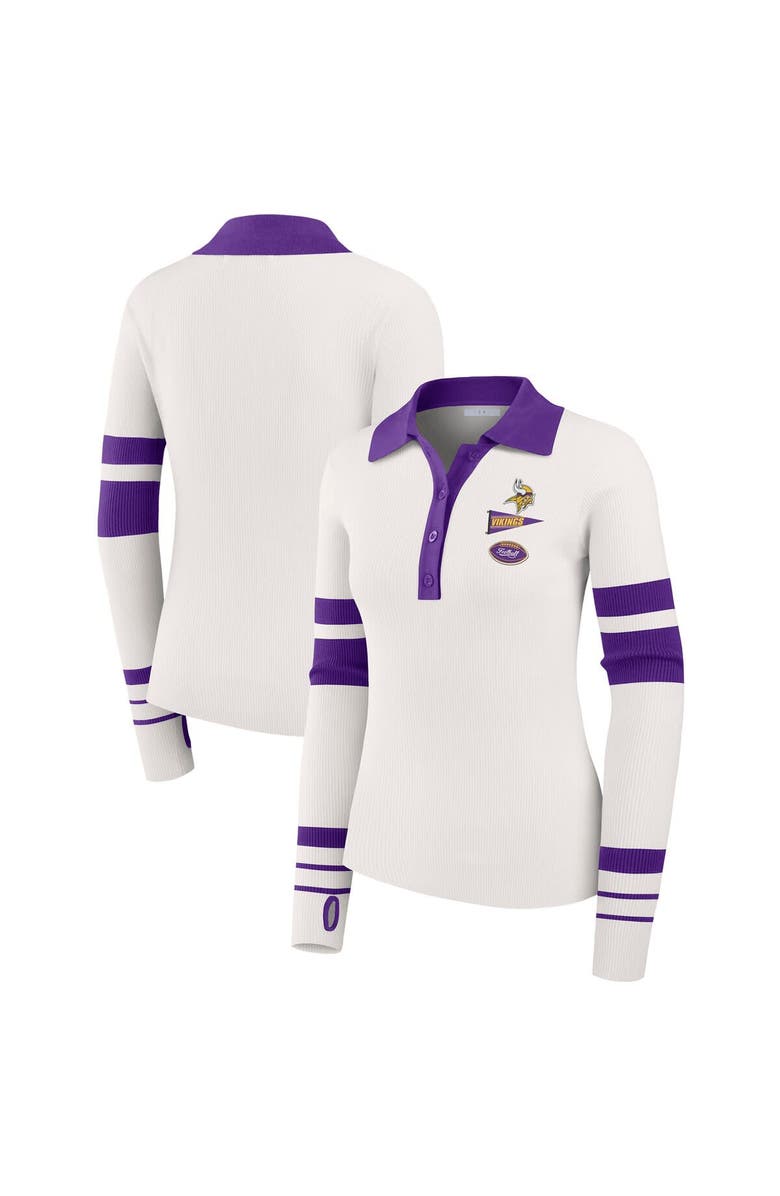 WEAR by Erin Andrews Women's WEAR by Erin Andrews White Minnesota Vikings Ribbed Henley Polo Sweater, Main, color, White