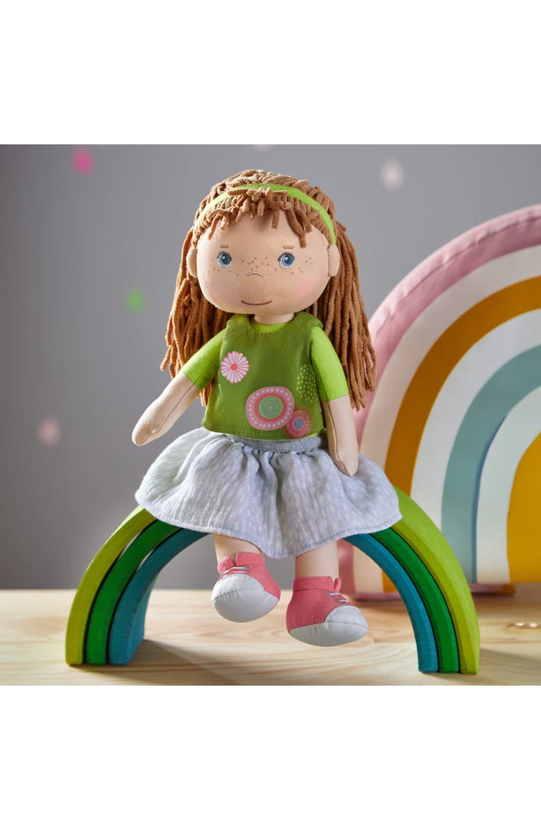 HABA 12" Soft Baby Doll Hedda with Brown Hair, Blue Eyes & Embroidered Face, Washable Toddler Doll for 18 Months+, Alternate, color, Green Multi