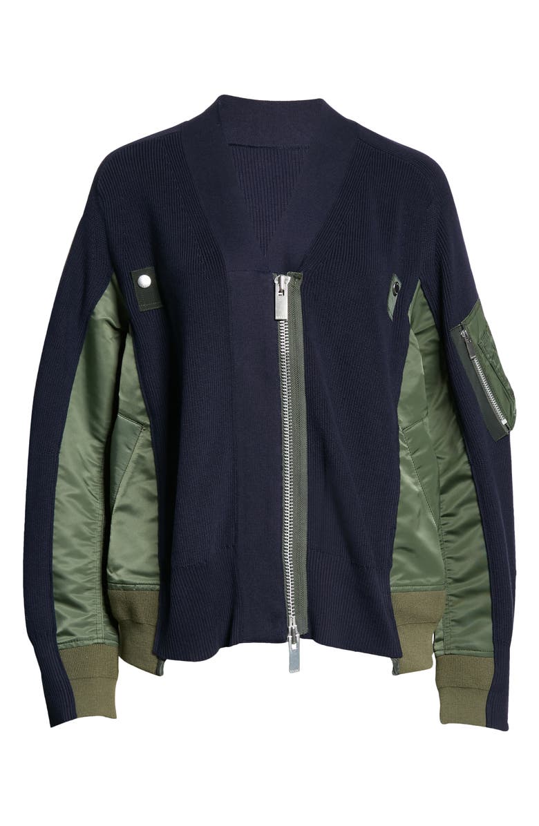 Sacai Hybrid Cotton & Nylon MA-1 Sweater Jacket, Alternate, color, Navy