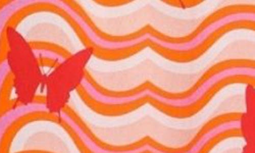 Apny Butterfly Print Johnny Collar Top In Orange