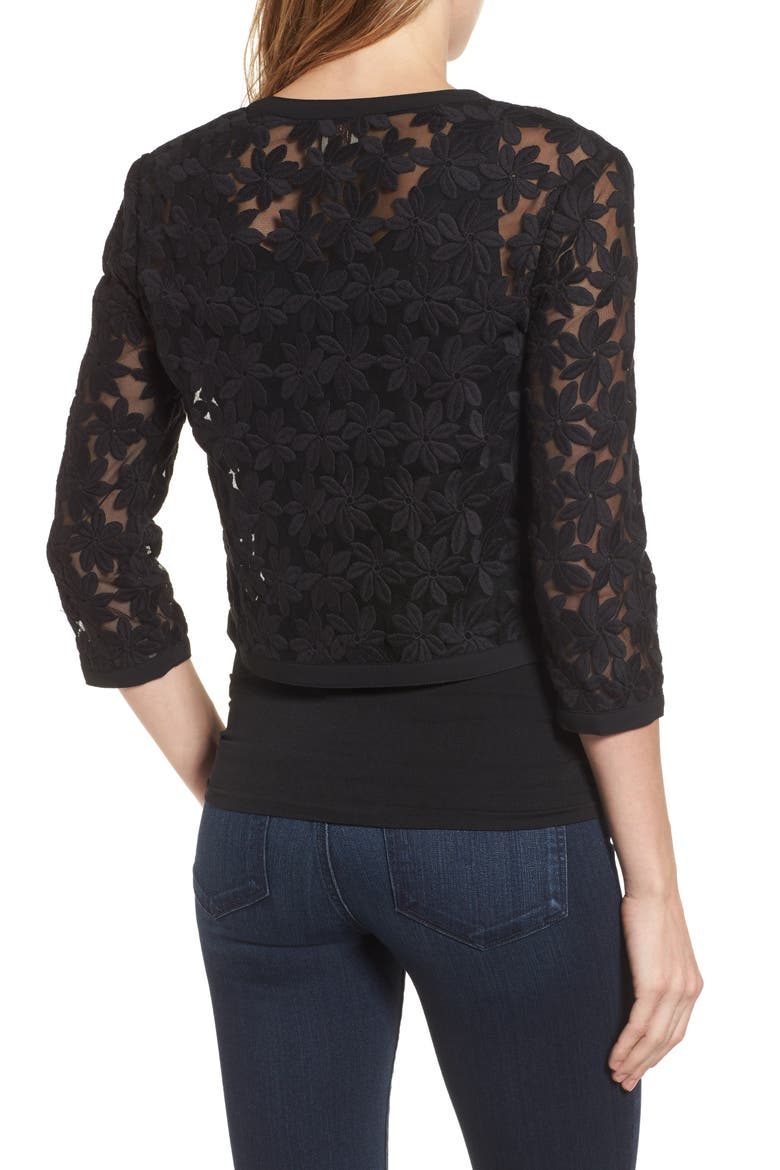 Anne Klein Floral Embroidered Mesh Cardigan, Alternate, color, BLACK