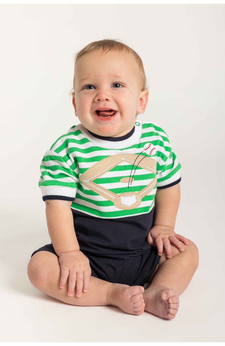 Florence Eiseman Stripe Knit Shortall With Baseball Field, Alternate, color, Green/Navy