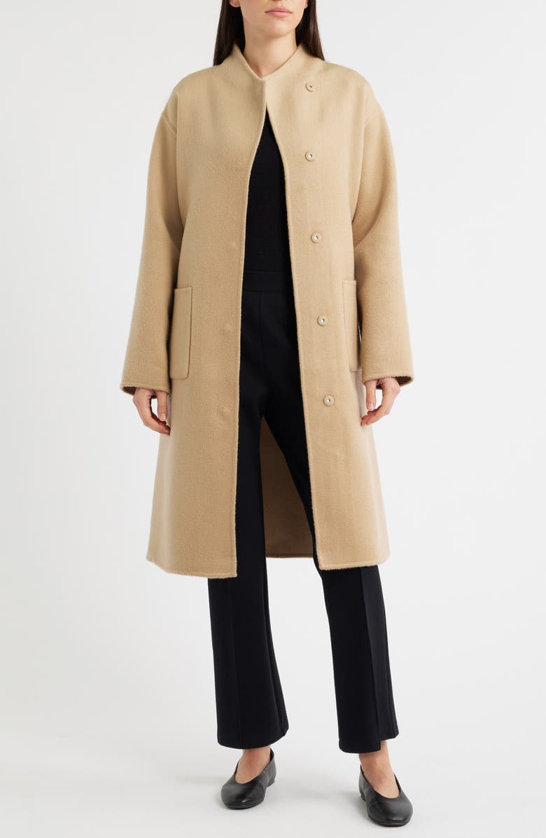 Eileen Fisher Belted Stand Collar Wool Coat, Alternate, color, Biscuit