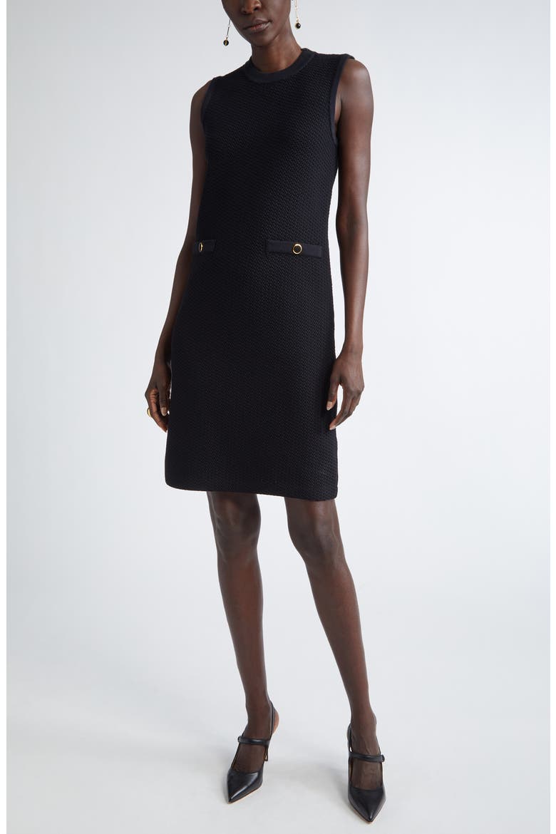 Mixed Texture Sleeveless Knit Shift Dress, Main, color, BLACK