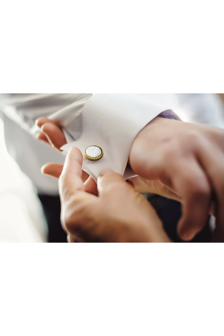 Round Cufflinks with Texture Border, Alternate, color, White/ Gold