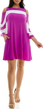 Nina Leonard Ity Stripe Cold Shoulder Dress
