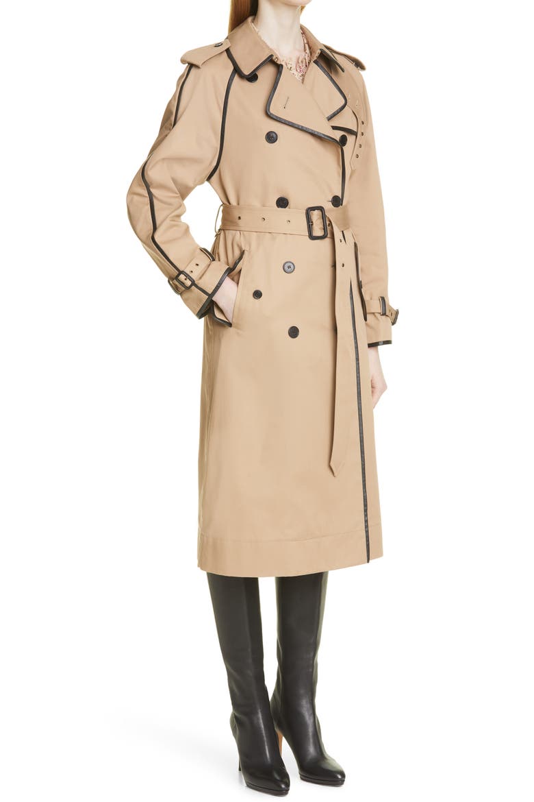 Leather Trimmed Gabardine Trench Coat, Alternate, color, 9772 SABLE
