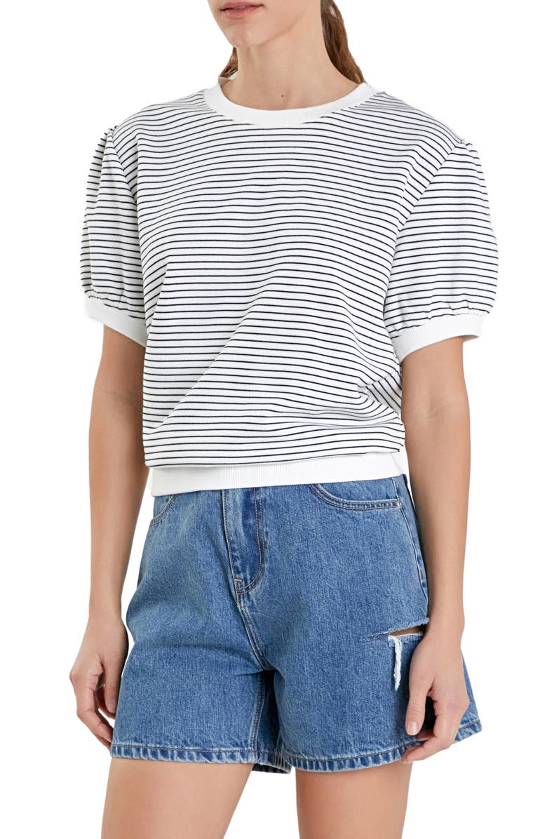 English Factory Stripe Puff Sleeve French Terry Top, Alternate, color,