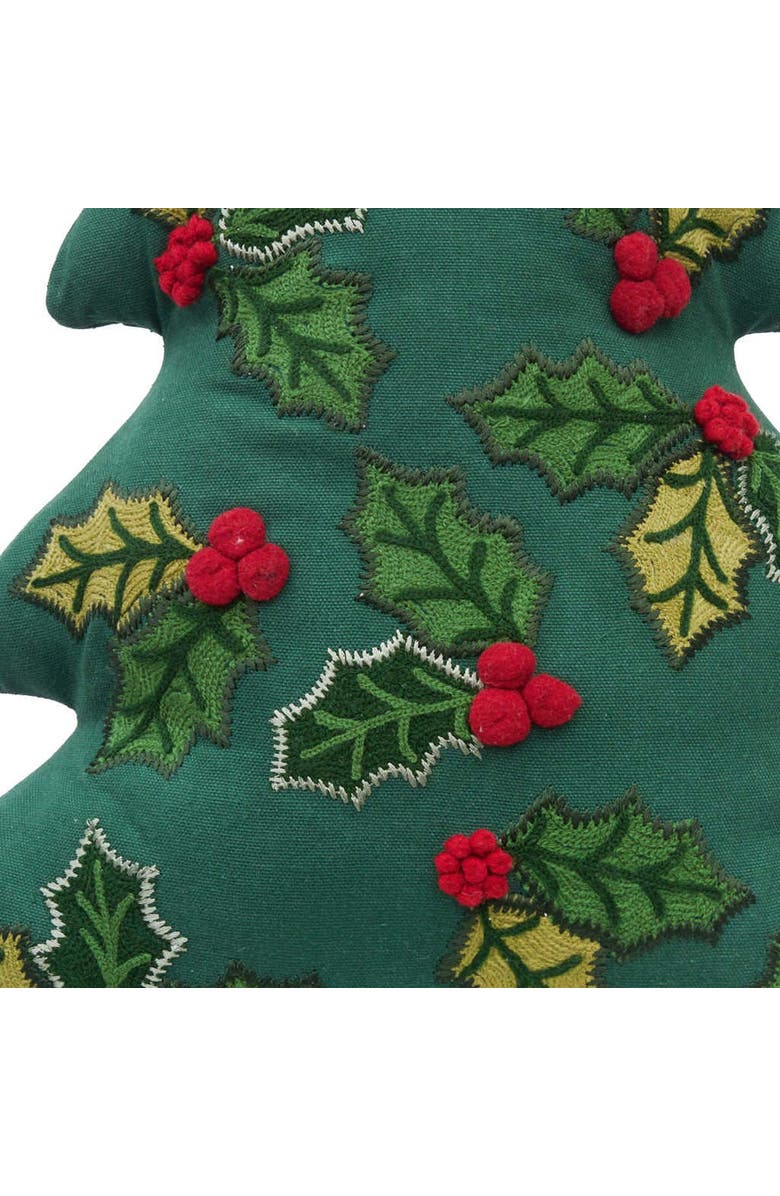 C&F Home Christmas Tree Shaped w/ Embellished Holly Cotton Blend Accent Pillow 15" x 18", Alternate, color, Green