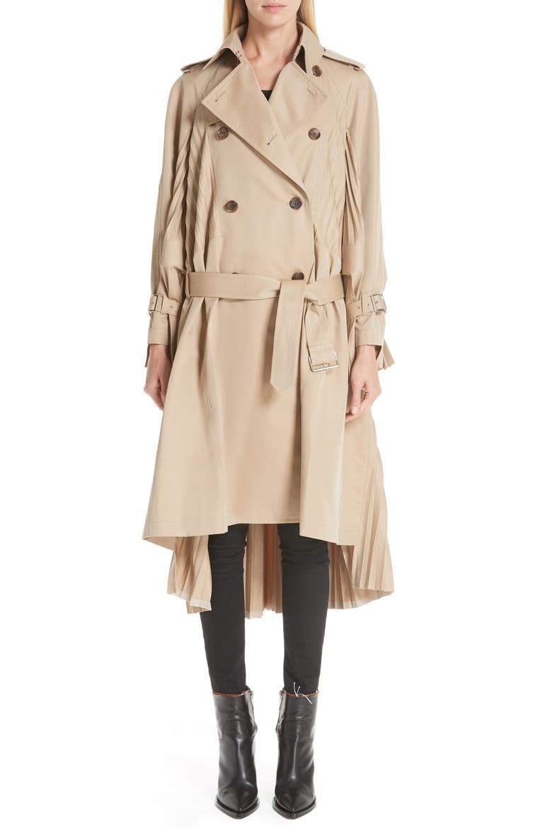 Pleated Trench Coat, Alternate, color, BEIGE