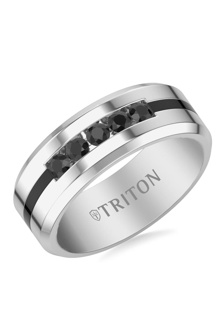 8MM Tungsten Carbide Ring with Channel Set Black Sapphires and Black Tungsten Line with Step Edge, Main, color, Metallic Silver
