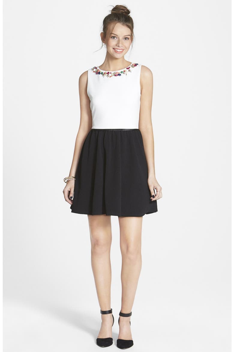 Embellished Neck Skater Dress, Alternate, color, CREAM/ BLACK