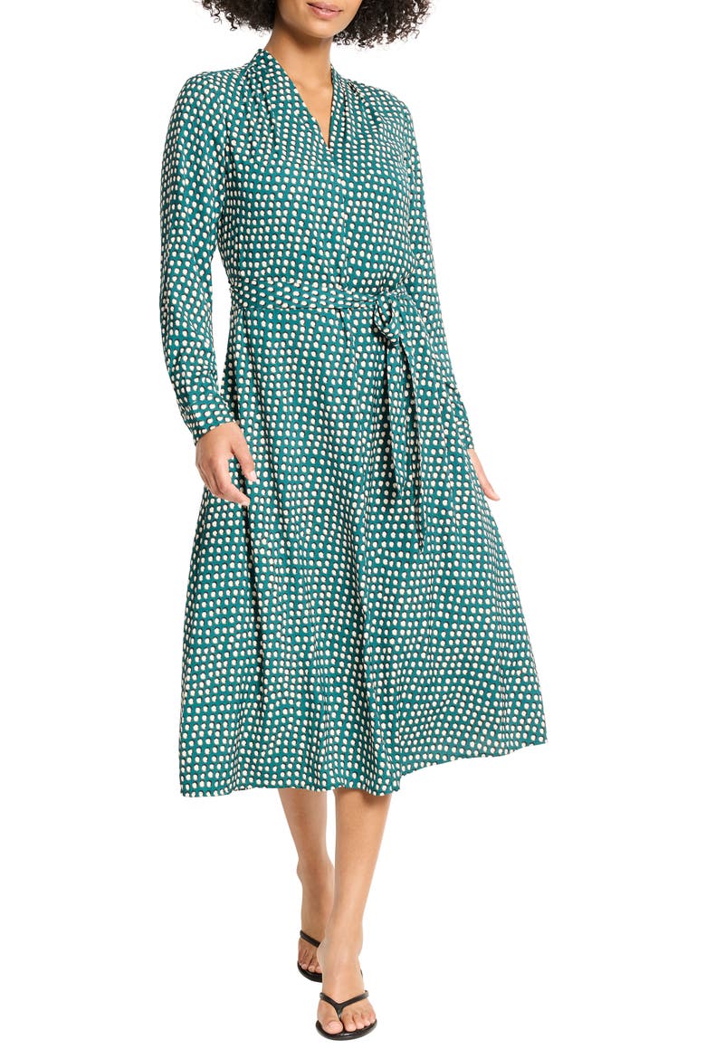 Olivia Shadow Dot Long Sleeve Faux Wrap Dress, Main, color, GREEN MULTI