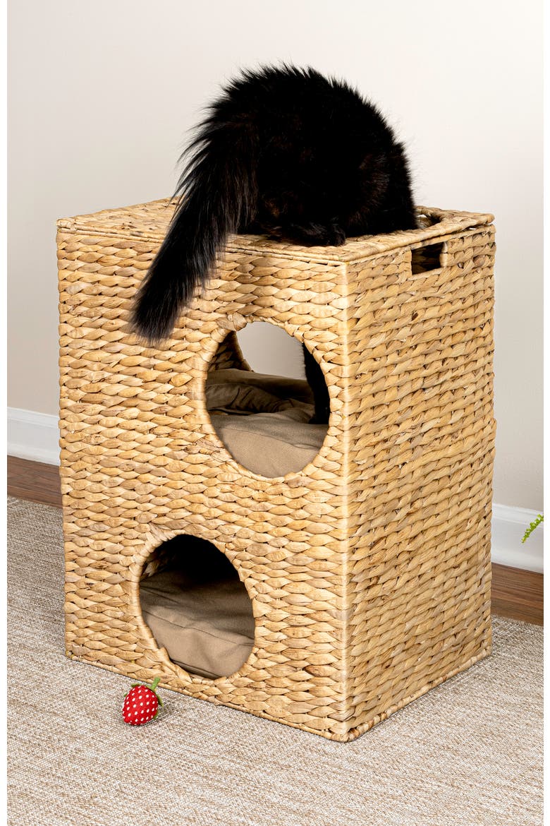Jaxon 18" 2-Tier Handwoven Hyacinth Rectangular 5-Hole Cat Condo, 2 Machine-Washable Cushions, Alternate, color, Natural