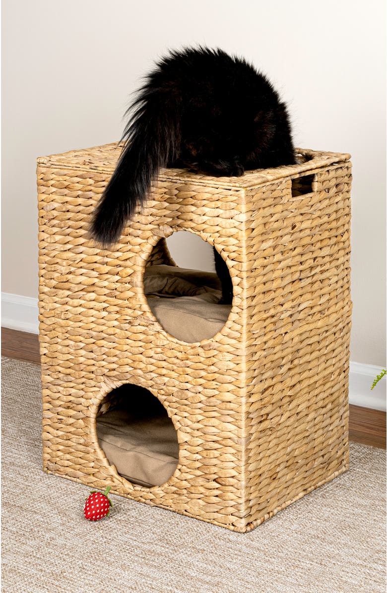 The Licker Store Jaxon 18" 2-Tier Handwoven Hyacinth Rectangular 5-Hole Cat Condo, 2 Machine-Washable Cushions, Alternate, color, Natural