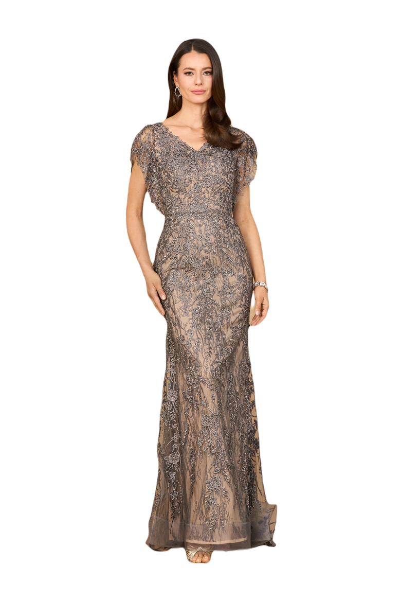 Cap Sleeve Mermaid V-neck Gown, Main, color, Grey