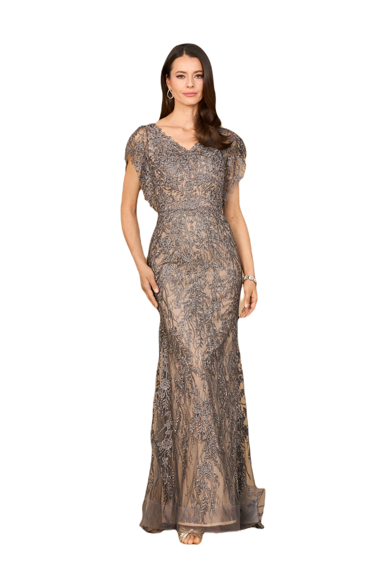 LARA New York Cap Sleeve Mermaid V-neck Gown, Main, color, Grey