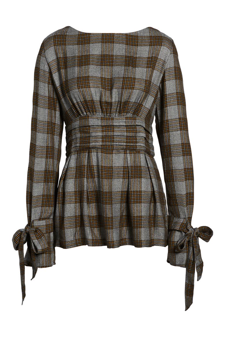 x Something Navy Tie Sleeve Top, Alternate, color, OLIVE BREEN CHECK