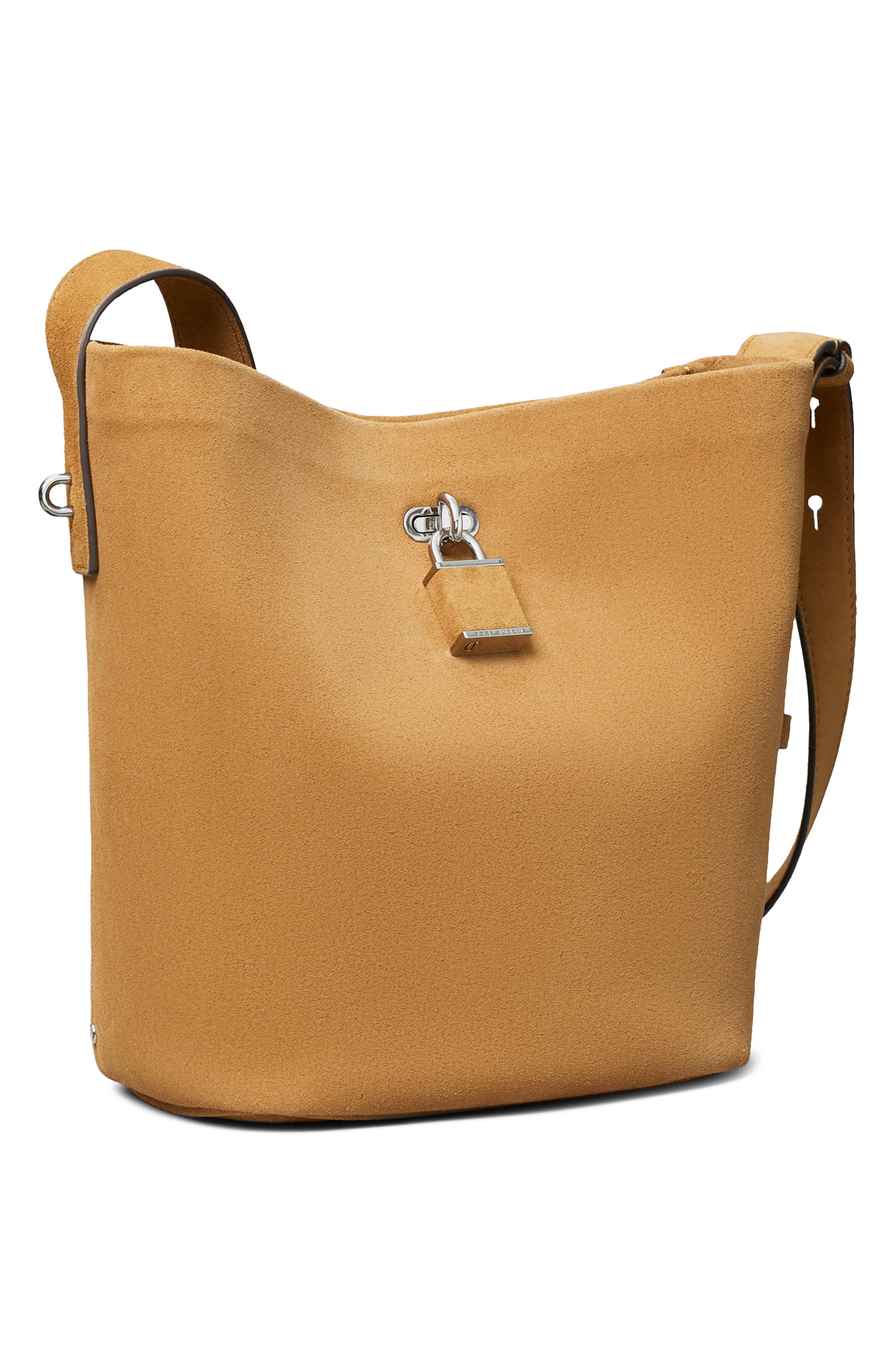 Lock Medium Slim Suede Bucket Bag, Alternate, color, TOFFEE