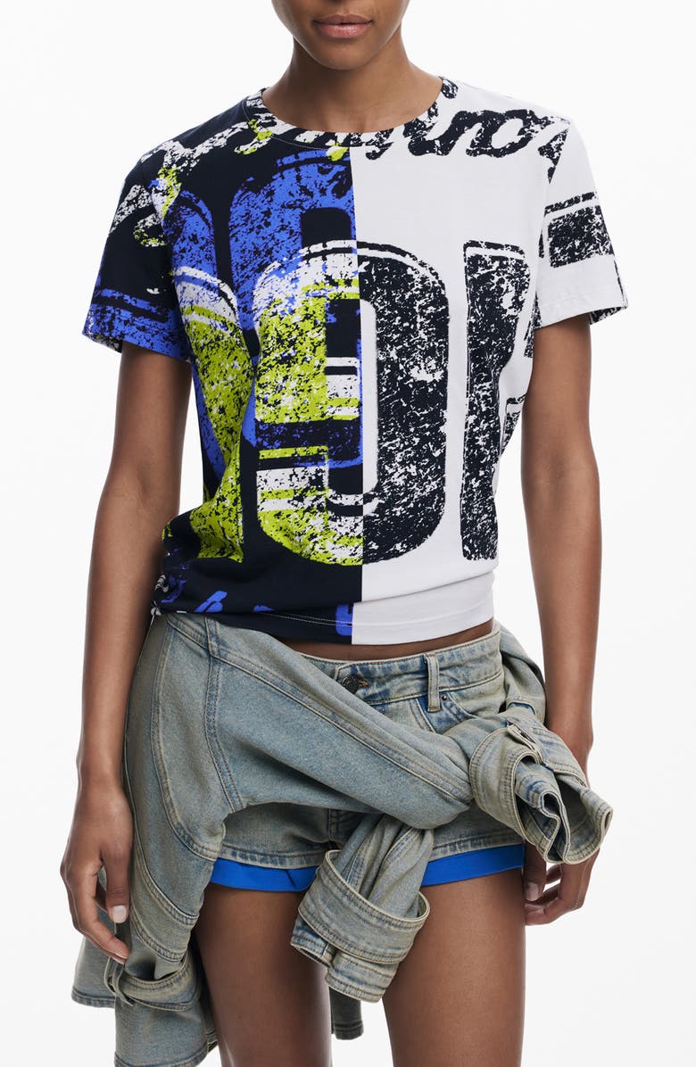 Desigual Colorblock Cotton Graphic T-Shirt, Main, color, Black