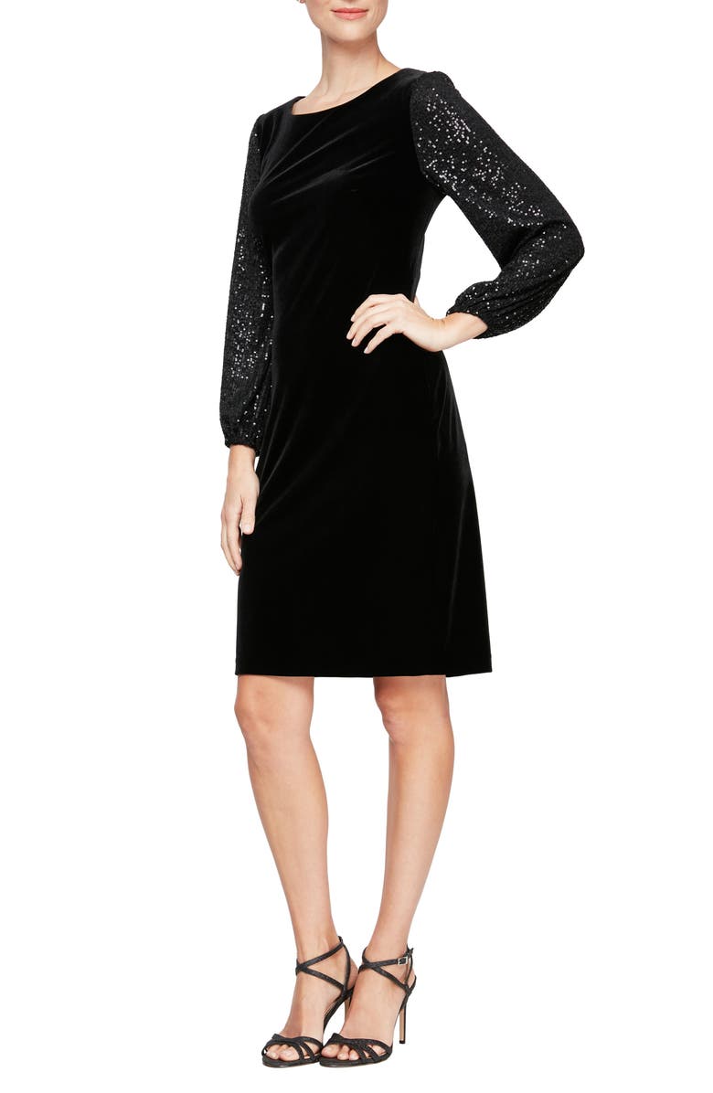 Alex Evenings Sequin Long Sleeve Velvet Sheath Dress, Main, color, 