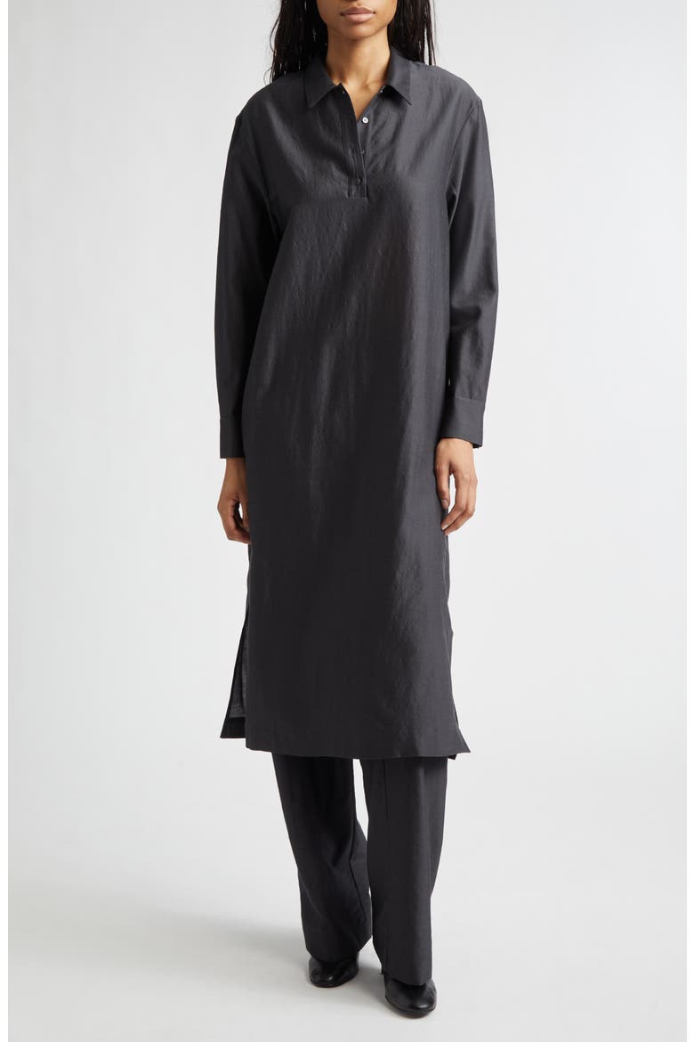 Espon Long Sleeve Wool & Silk Midi Shirtdress, Alternate, color, BLACK