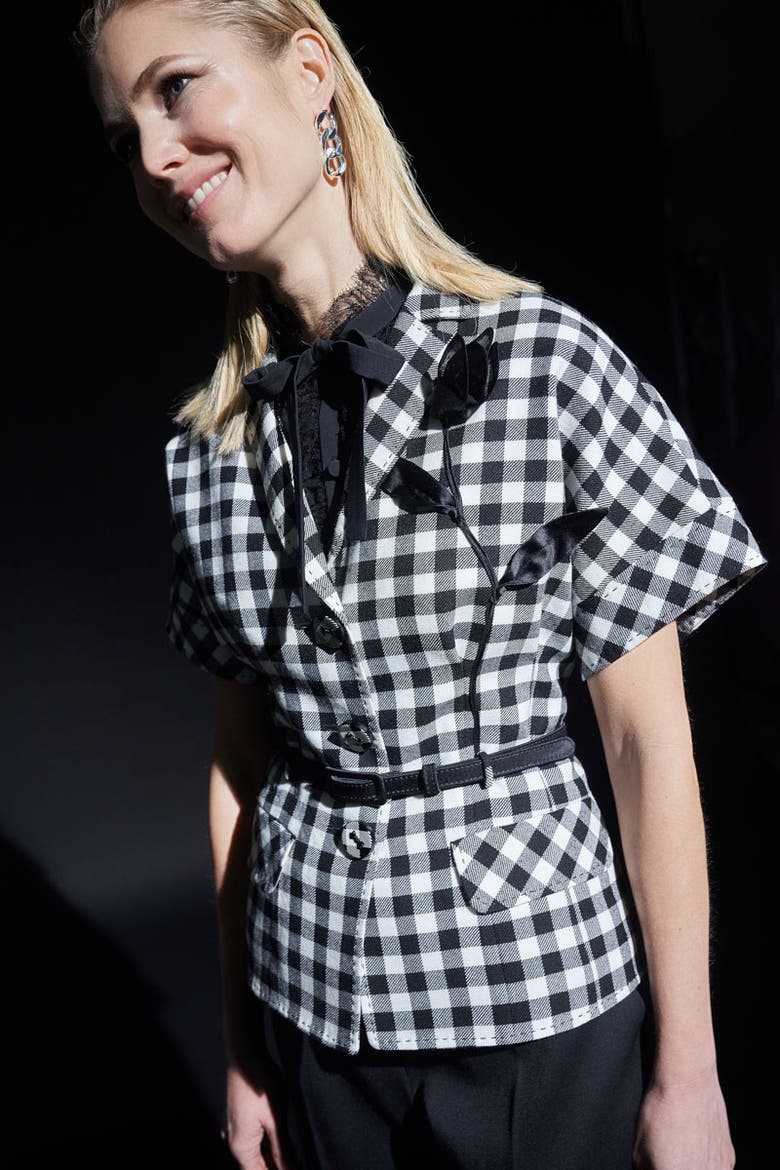 Belted Plaid Vest With Flower Application, Alternate, color, Black / White