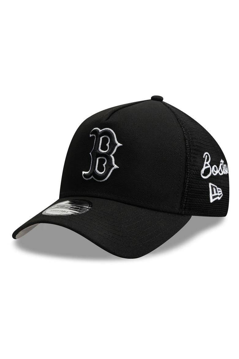 Men's New Era Black Boston Red Sox Side Script 9FORTY A-Frame Trucker Adjustable Hat, Main, color, Black