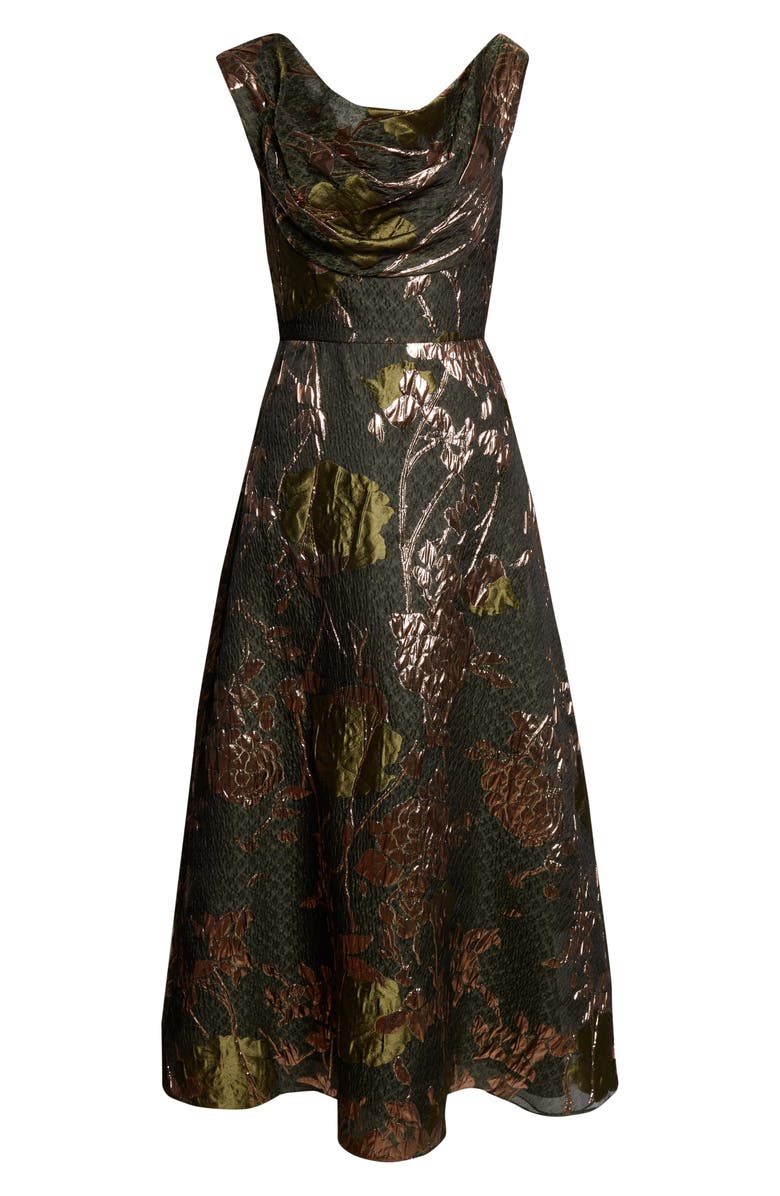Lela Rose Floral Draped Metallic Fil Coupé Fit & Flare Gown, Alternate, color, Cactus Multi