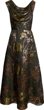 Lela Rose Floral Draped Metallic Fil Coupé Fit & Flare Dress