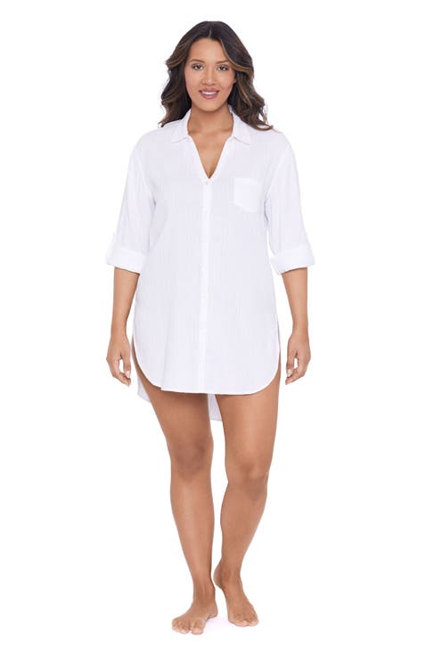 Button-Down High-Low Beach Shirt Coverup