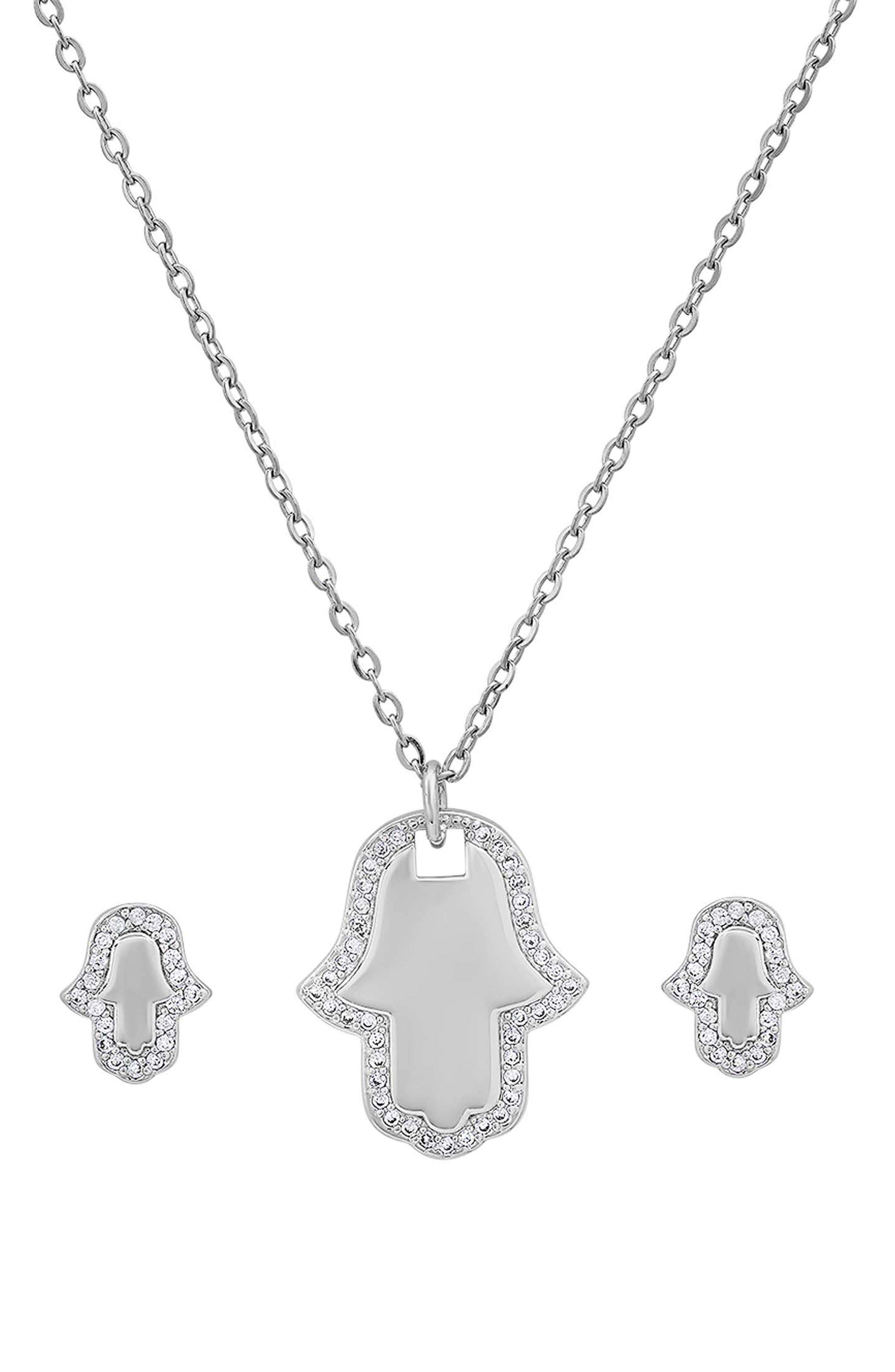 18k White Gold Plated Hamsa Necklace & Earrings Set