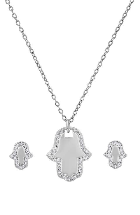 18k White Gold Plated Hamsa Necklace & Earrings Set