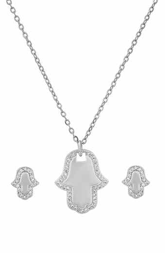 18k White Gold Plated Hamsa Necklace & Earrings Set