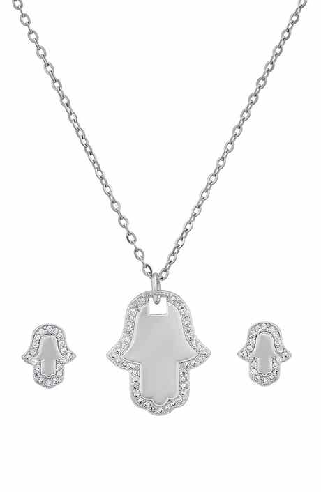 18k White Gold Plated Hamsa Necklace & Earrings Set