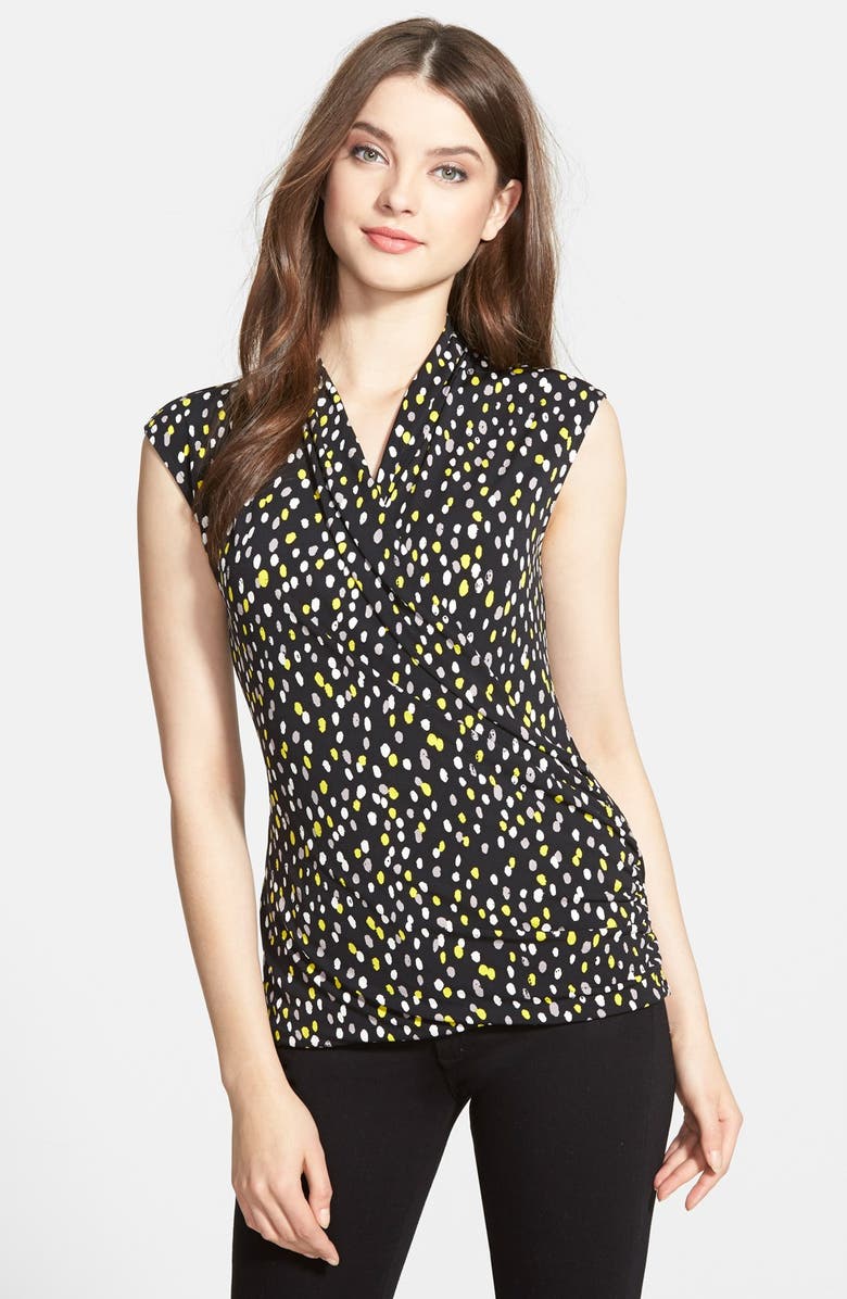 Chaus 'Scattered Drops' Print Cap Sleeve Faux Wrap Top, Main, color,