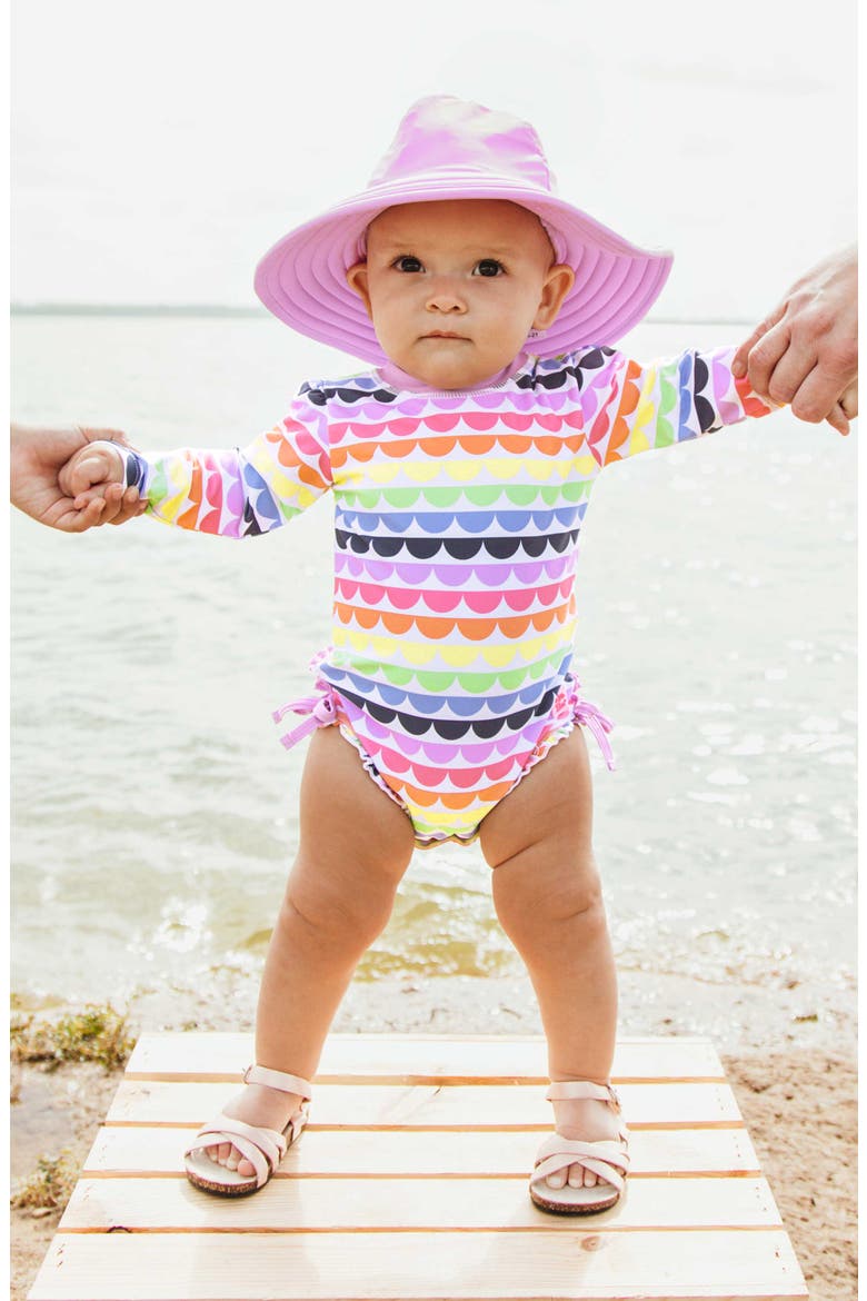 Rainbow Scallop One-Piece Rashguard Swimsuit & Hat Set, Alternate, color, PURPLE