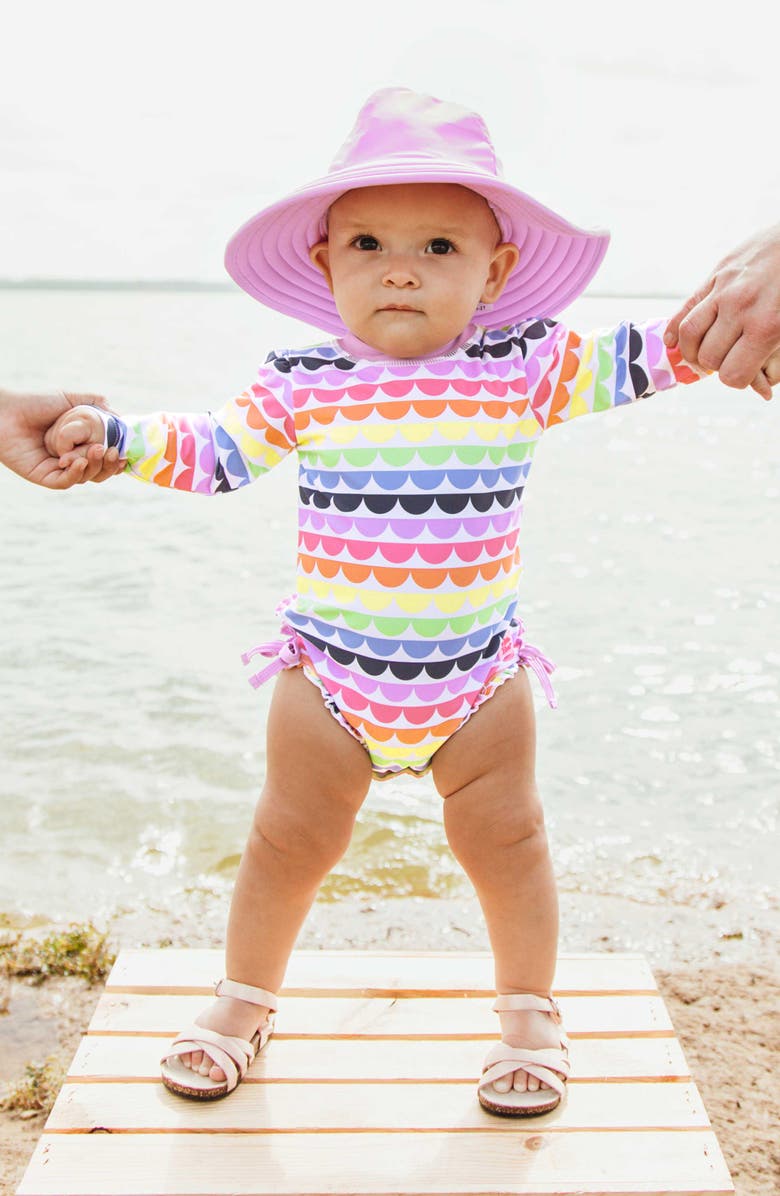 RuffleButts Rainbow Scallop One-Piece Rashguard Swimsuit & Hat Set, Alternate, color,