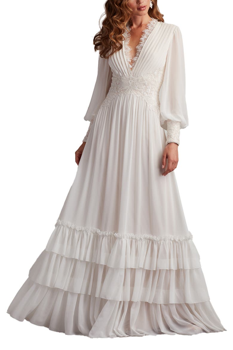 Ruffle Pleated Long Sleeve Chiffon Gown, Alternate, color, IVORY/ PETAL
