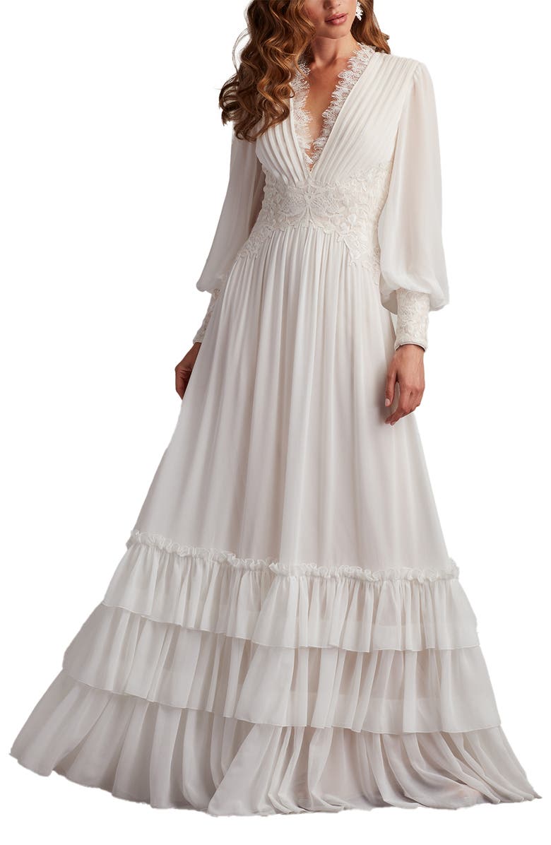 Tadashi Shoji Ruffle Pleated Long Sleeve Chiffon Gown, Alternate, color, Ivory/ Petal
