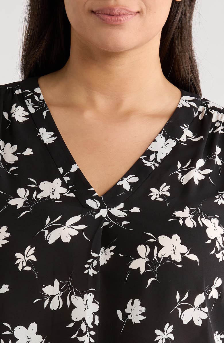 AK ANNE KLEIN V-neck Roll Tab Top, Alternate, color, Anne Black / White Dove